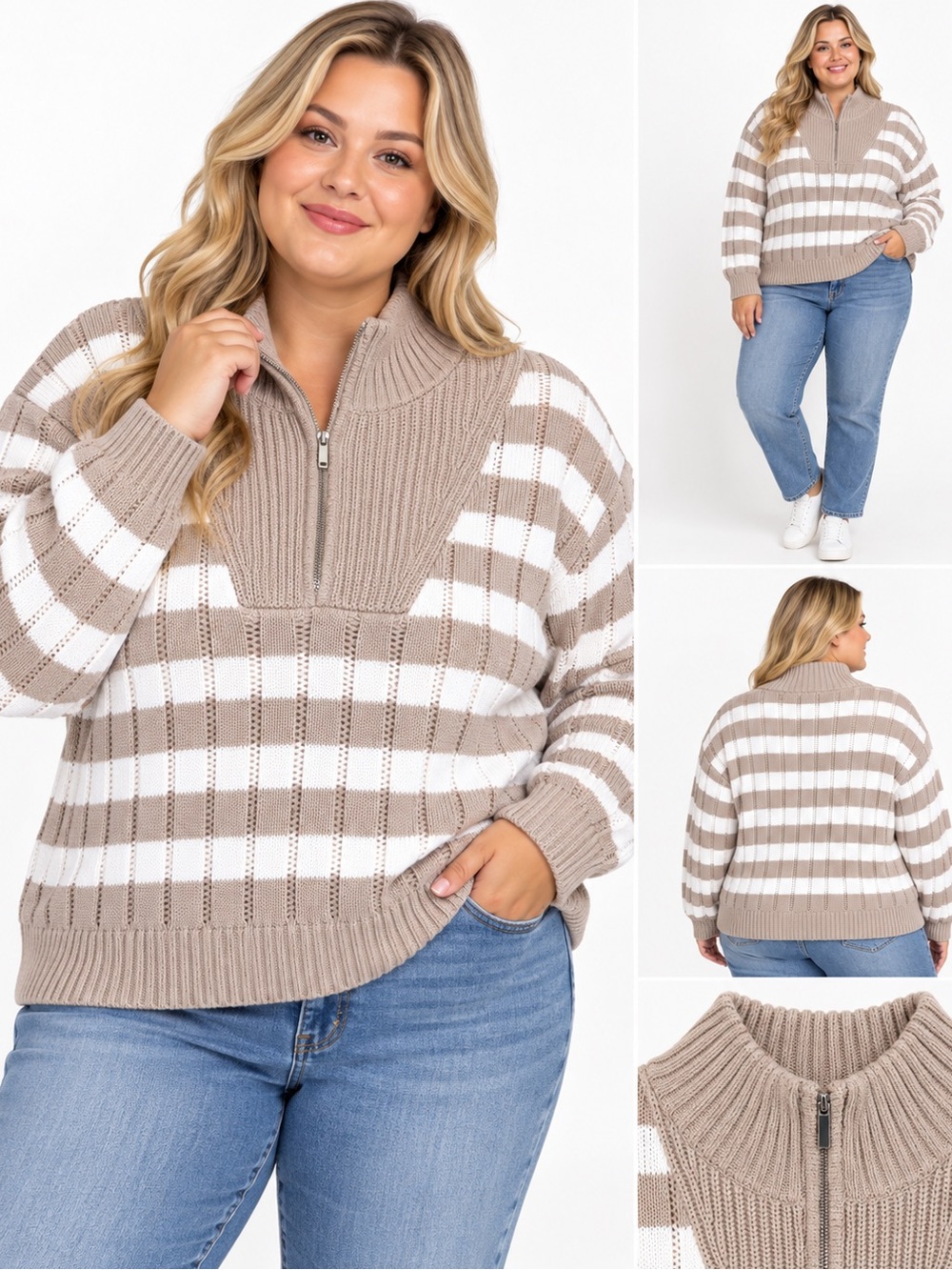 A New Day Women’s 3X Plus Size Taupe White Striped Quarter Zip Knit Sweater Fall